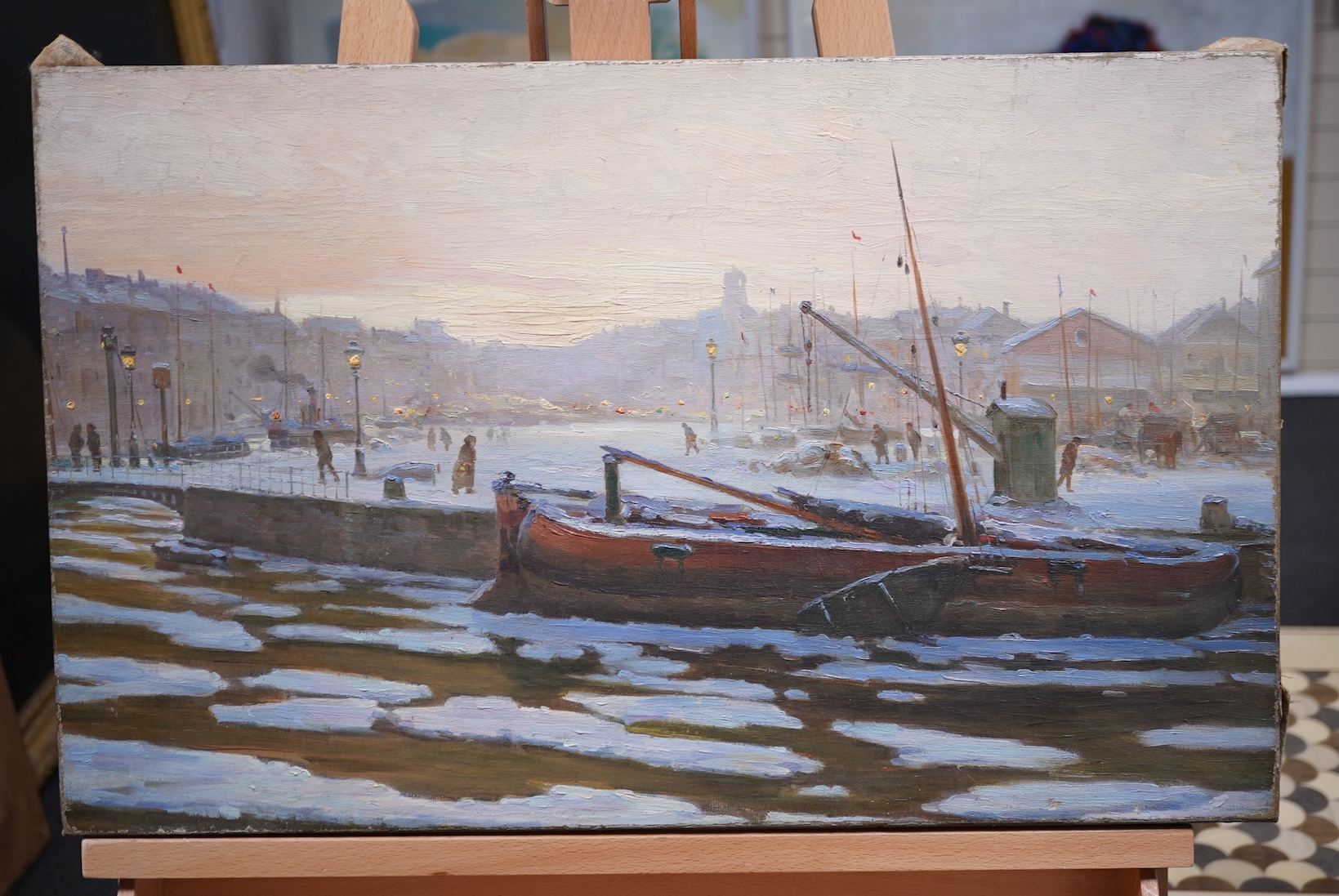 Continental school , 20th century, Frozen riverscape with figures skating
